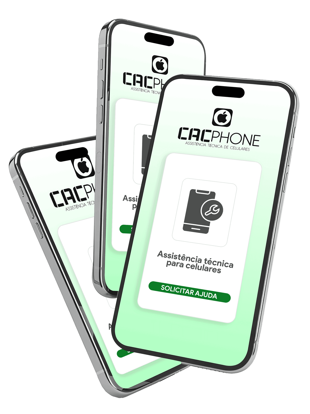 Três celulares exibindo a tela da CAC Phone, assistência técnica de celulares